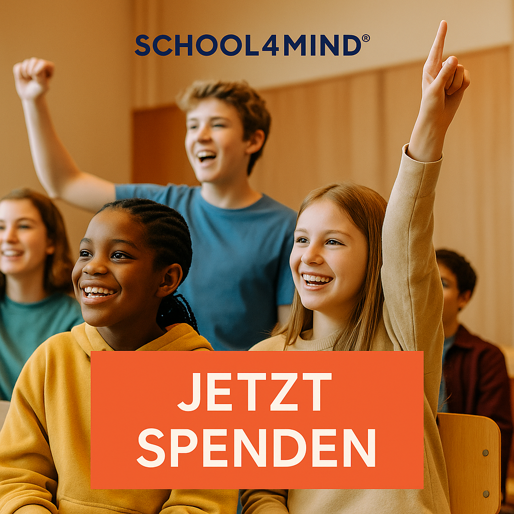 Spendenaufruf mit fröhlichen, motivierten und interessierten Kindern im Schulkontext